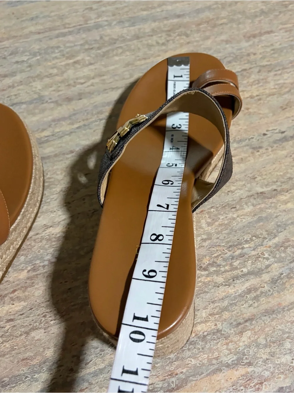 Michael Kors Tan & Brown Leather Logo Espadrille Wedge Sandals with Gold Accents